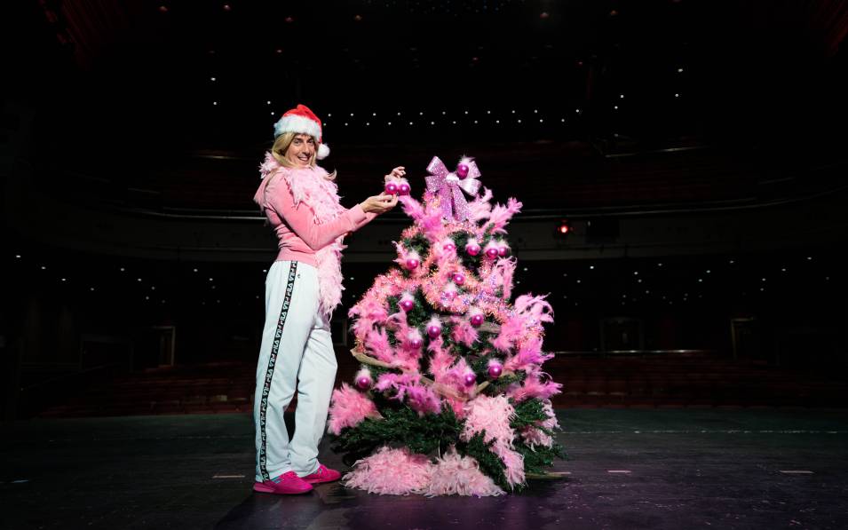 Karl Minns on the Theatre Royal stage as She Go, placing two baubles on a pink christmas tree